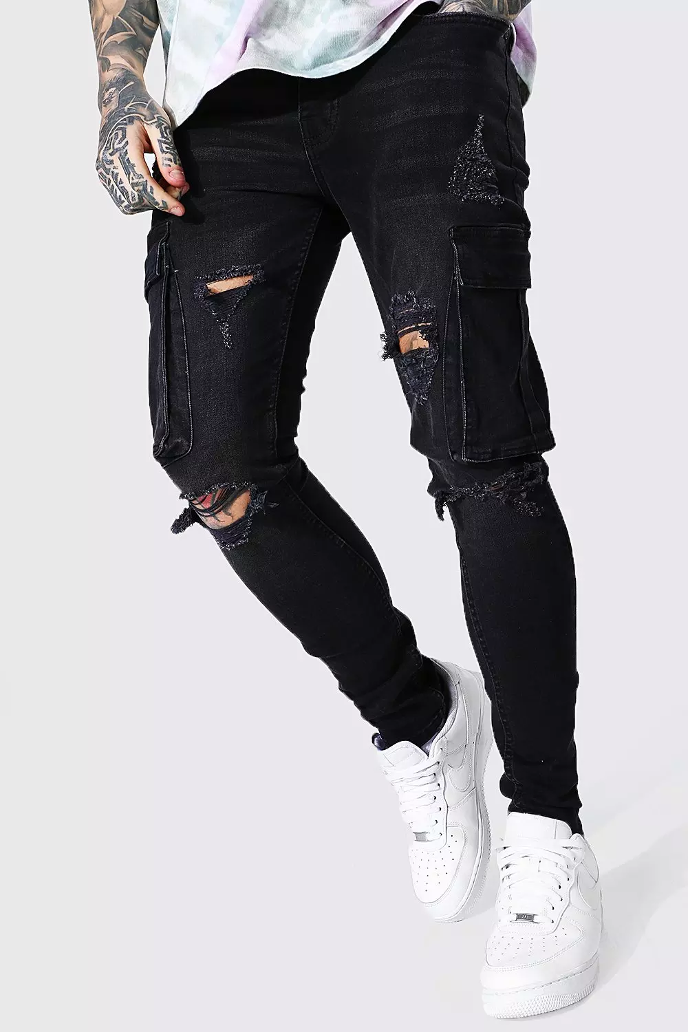 Super Skinny Multi Rip Cargo Jeans boohooMAN